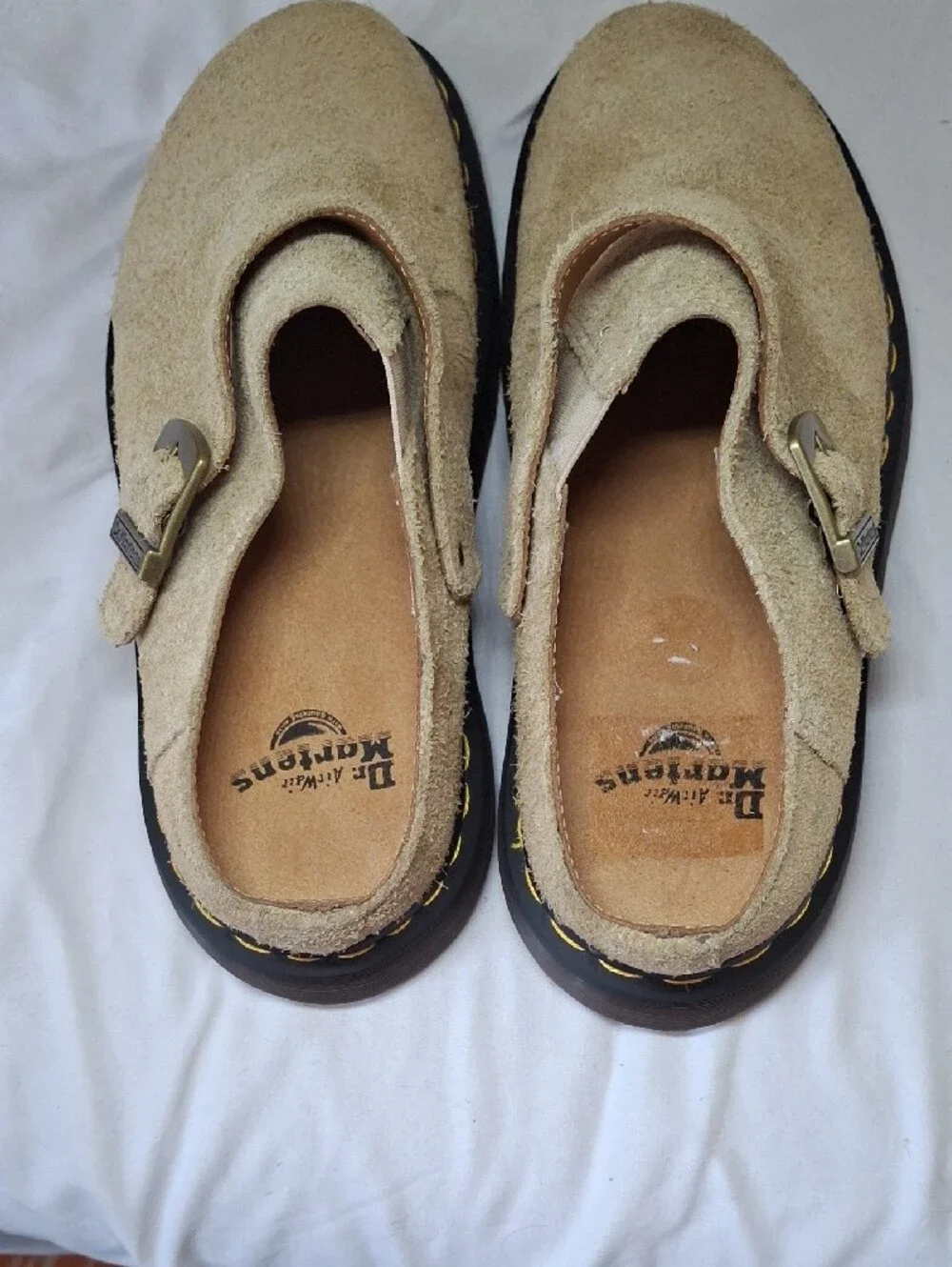Dr. Martens Beige Suede Slip-On Loafers with Black Sole and Yellow Stitching